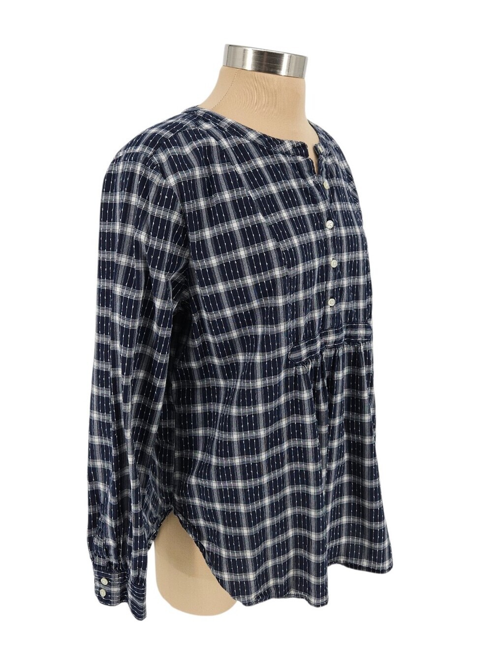 Ann Taylor LOFT Tunic Top Navy Plaid Long Sleeve Button Henley Shirt XL - Picture 3 of 7